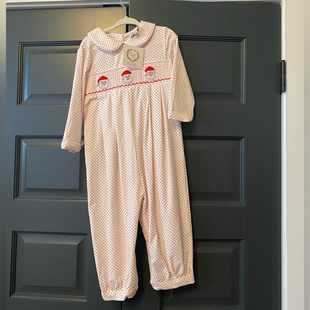 NWT Cecil and Lou Christmas outfit. Polka dots with 3 Santa smocked front